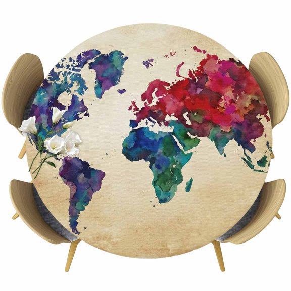 Vintage Map Round Tablecloth 36-44 Inch Round Fitted Table Cloth with Elastic Edge, Travel World Map Watercolor Splashes Waterproof Table Cover Protector for Outdoor Picnic Party Dining