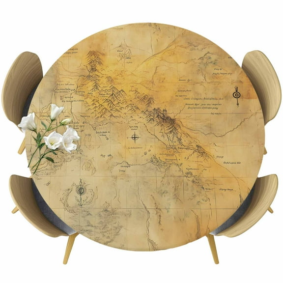 Vintage Map Round Tablecloth 55-60 Inch Round Fitted Table Cloth with Elastic Edge, Middle Century Farmhouse Natural Landscape Waterproof Table Cover Protector for Outdoor Picnic Party Dining