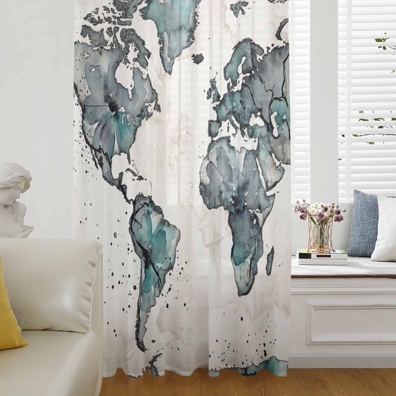 Vintage Map Sheer Curtains 45 Inches Long for Living Room/Bedroom, Teal Flowers Color Block Abstract Rod Pocket Voile Kitchen Curtains & Drapes Window Treatment 1 Panel, 52"W x 45"L