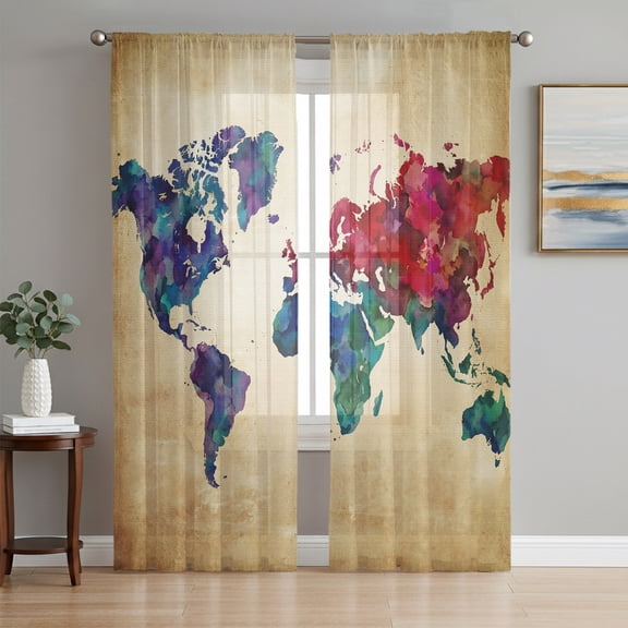 Vintage Map Sheer Curtains 84 Inches Long, Travel World Map Watercolor Splashes Light Filtering Window Curtains for Living Room/Bedroom, Rod Pocket Voile Sheer Curtain Drapes, 52"W x 84"L, 2 Panels