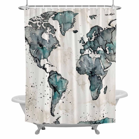 Vintage Map Shower Curtain for Bathroom, Gray Green Watercolor Color Block Abstract Waterproof Cloth Fabric Bathroom Accessories Set with 12 Rust Proof Plastic Hooks, 36"x78"