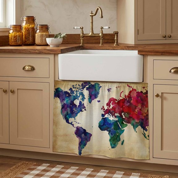 Vintage Map Small Cabinet Curtains 10"W x 11"L, Travel World Map Watercolor Splashes Sink Skirt Dust-Proof Short Curtain for Bathroom Vanity Storage Cubby Desk, Self Adhesive Privacy Drapes