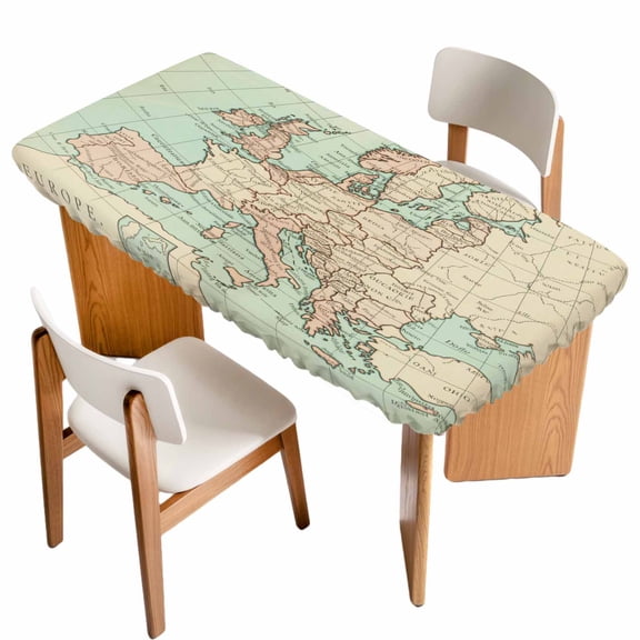 Vintage Map Table Cloths for 3 Foot Rectangle Tables, Western Retro Art Maps Patio Waterproof Elastic Fitted Tablecloths, Washable Rectangular Table Cover for Camping