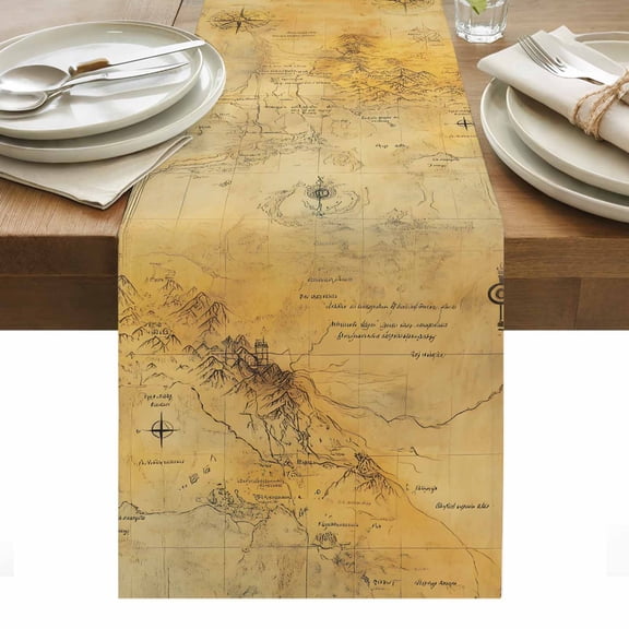 Vintage Map Table Runner - 36 Inch Long, Kitchen Dining Table Runner Dresser Scarves, Middle Century Farmhouse Natural Landscape Farmhouse Decor for Coffee Tables Wedding Party Banquet