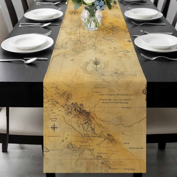 Vintage Map Table Runner 36 Inches Long, Middle Century Farmhouse Natural Landscape Kitchen Coffee Dining Table Decoration for Home Party Birthday Wedding Home Decor 13x36 Inches