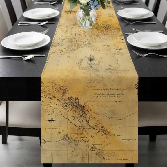 Vintage Map Table Runner 72 Inches Long, Middle Century Farmhouse Natural Landscape Kitchen Coffee Dining Table Decoration for Home Party Birthday Wedding Home Decor 16x72 Inches