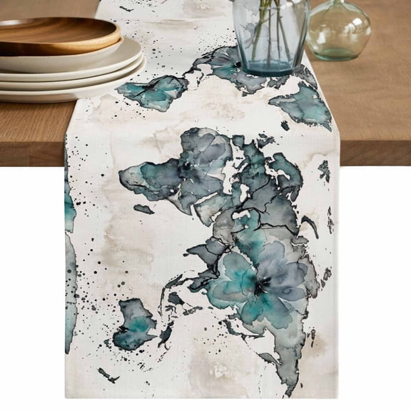 Vintage Map Table Runner, Teal Flowers Color Block Abstract Washable Cotton Linen Table Runners 48 Inches Long, Dresser Scarf Runner for Nightstand/Coffee/End Tables 13''x48''