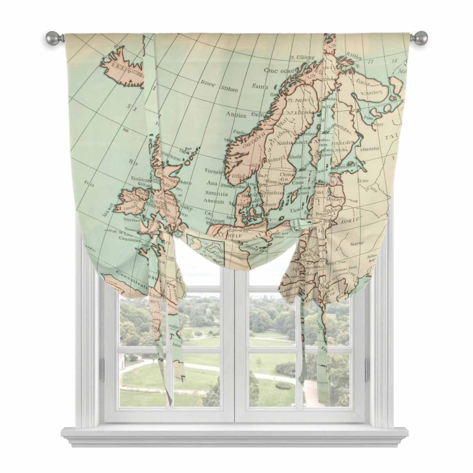 Vintage Map Tie Up Curtains for Windows, Adjustable Balloon Window ...