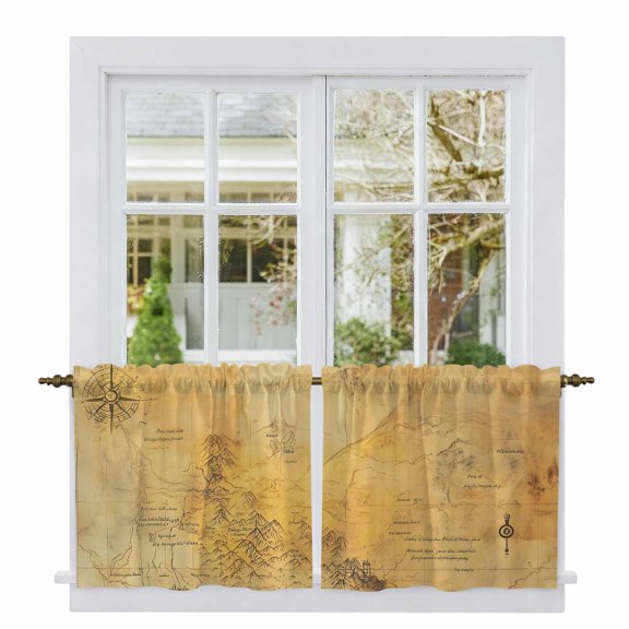 Vintage Map Tier Curtains, Middle Century Farmhouse Natural Landscape Light Filtering Kitchen Curtains, 2Pcs Rod Pocket Half Window Treatments Panels for Sink Cafe Cabinet Camper 27.5x24 Inches