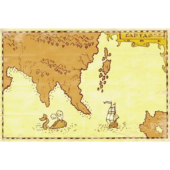 Art.com Vintage Map Treasure Island Tall Ship Whale Art Print by patrimonio, 24" x 16"