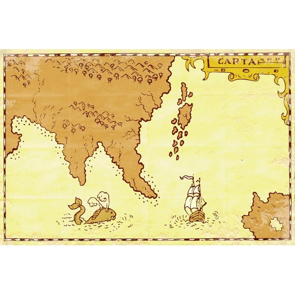 Art.com Vintage Map Treasure Island Tall Ship Whale Art Print by patrimonio, 24" x 16"