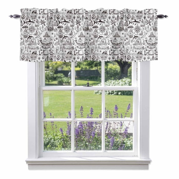 Vintage Map Valance Curtain Watercolor Navigation Boat Black Line Window Valances Rod Pocket Short Curtains Window Treatments for Kitchen Bedroom Bathroom Laundry 60" x 18"
