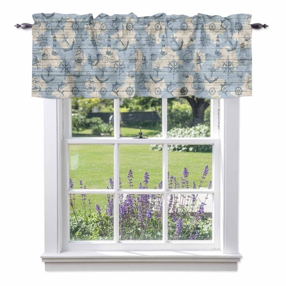 Vintage Map Valances for Windows, Abstract Route Sailing Anchor Compass Valance Window Treatment Rod Pocket Short Curtains Valances for Kitchen Bathroom 54"W x 18"L