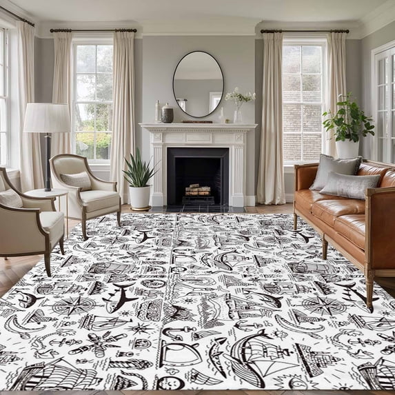 Vintage Map Washable Living Room Rugs 5'x8', Watercolor Navigation Boat Black Line Low Pile Throw Large Area Rug Non-Slip Sturdy Edge Binding Carpet for Living Room Kitchen Office