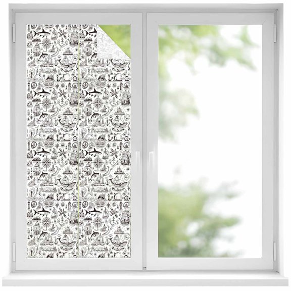 Vintage Map Window Privacy Film, Watercolor Navigation Boat Black Line Frosted Glass Window Clings Static Cling UV Heat Blocking Reusable Door Sticker for Bathroom 17.7 x 39.3 Inch