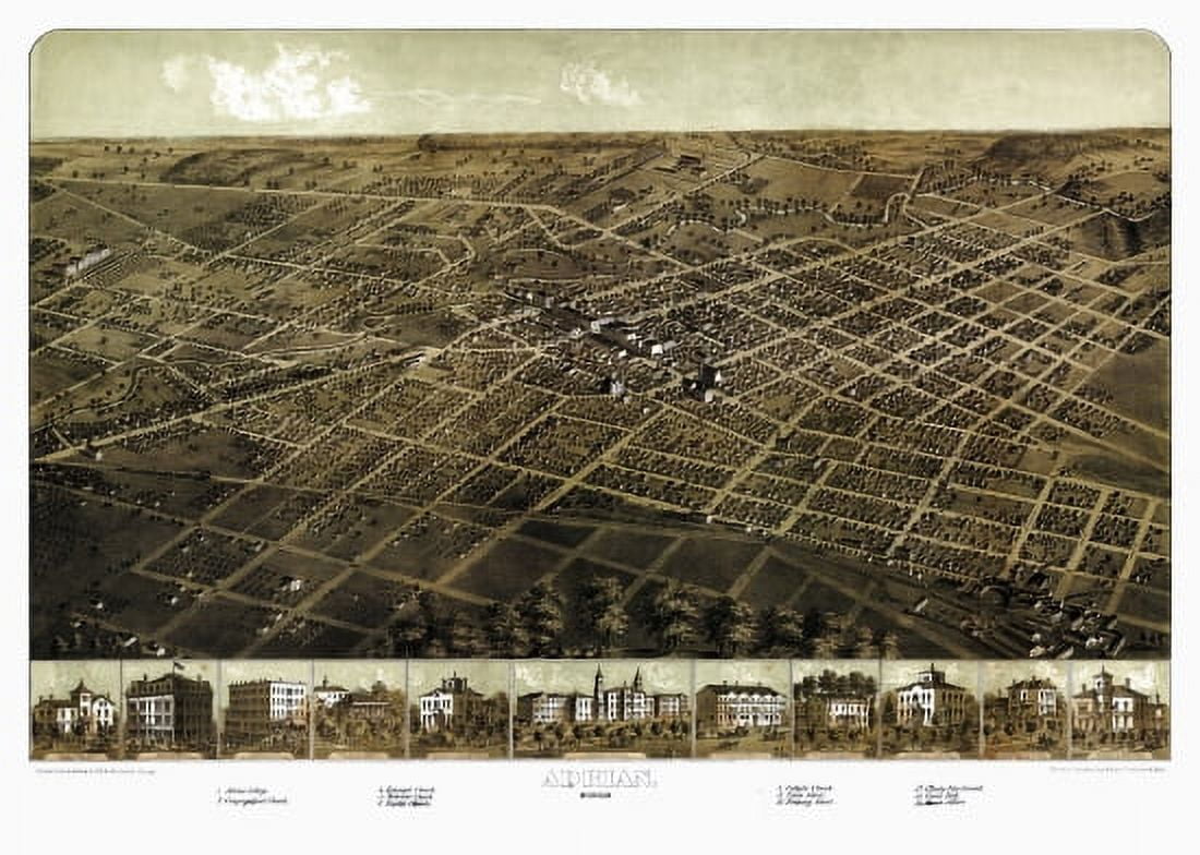 Vintage Map of Adrian Michigan 1866 Lenawee County Canvas Art - (36 x 54)