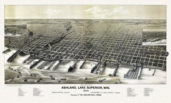 Vintage Map of Ashland Wisconsin 1890 Ashland County Canvas Art - (36 x 54)