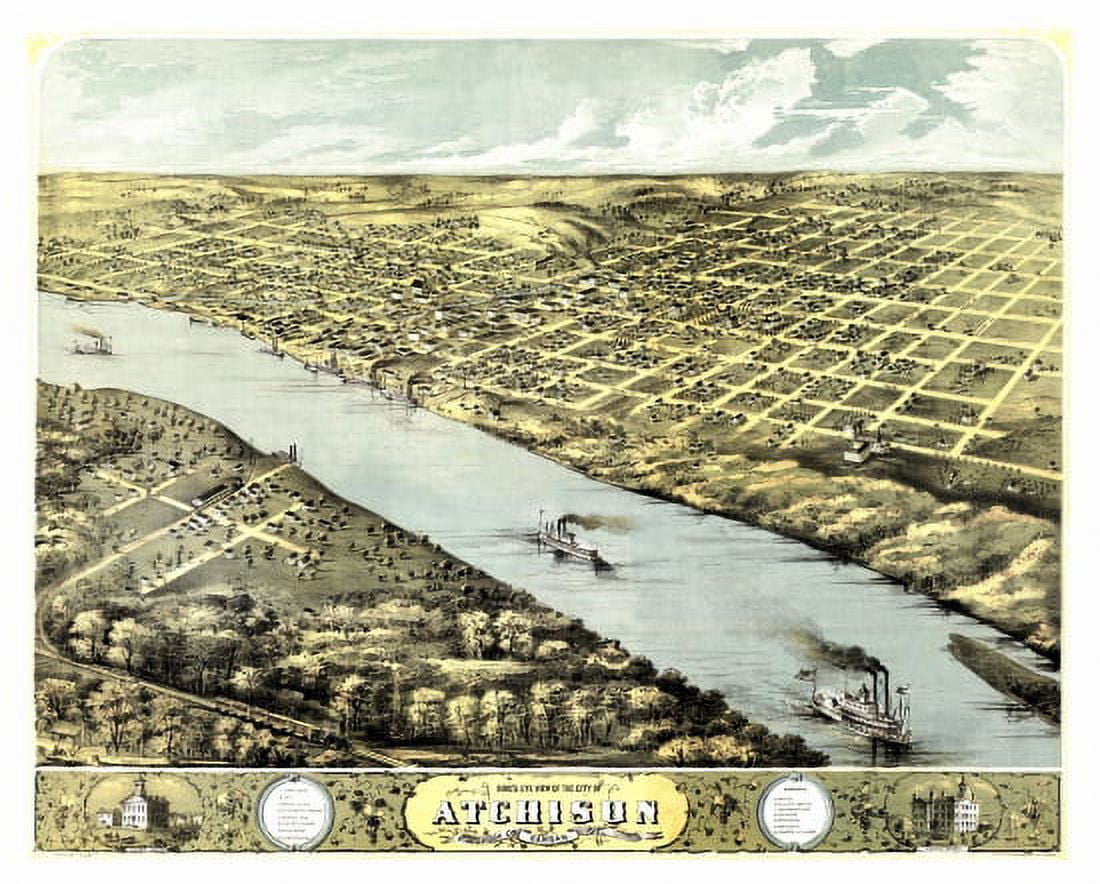 Vintage Map of Atchison Kansas 1869 Atchison County Canvas Art - (36 x 54)