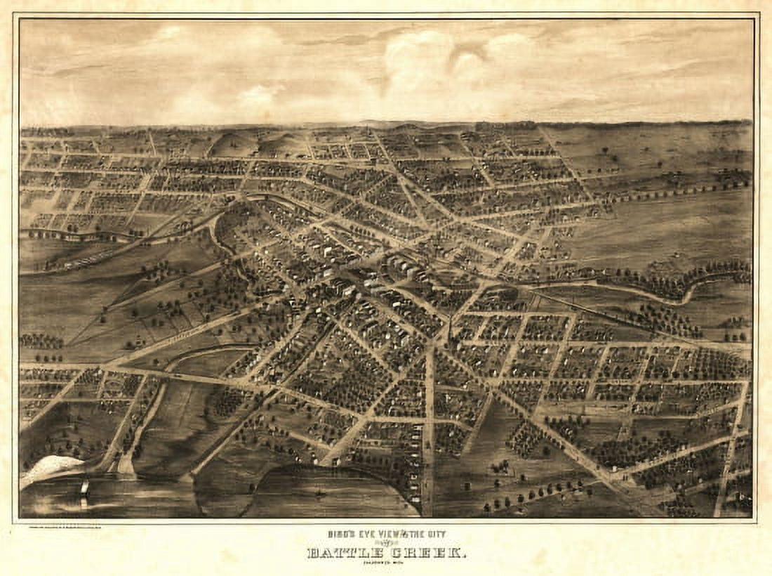Vintage Map of Battle Creek Michigan 1870 Calhoun County Canvas Art - (24 x 36)