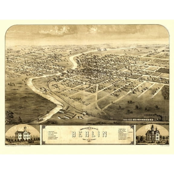 Vintage Map of Berlin Wisconsin 1867 Green Lake County Canvas Art -  (24 x 36)