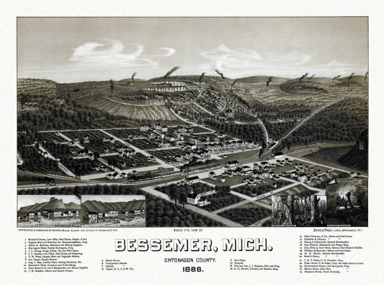 Vintage Map of Bessemer Michigan 1886 Ontonagon County Canvas Art - (18 x 24)