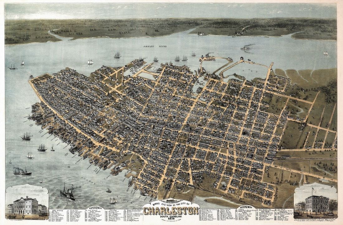 Vintage Map of Charleston South Carolina 1872 Charleston County Canvas Art - (24 x 36)