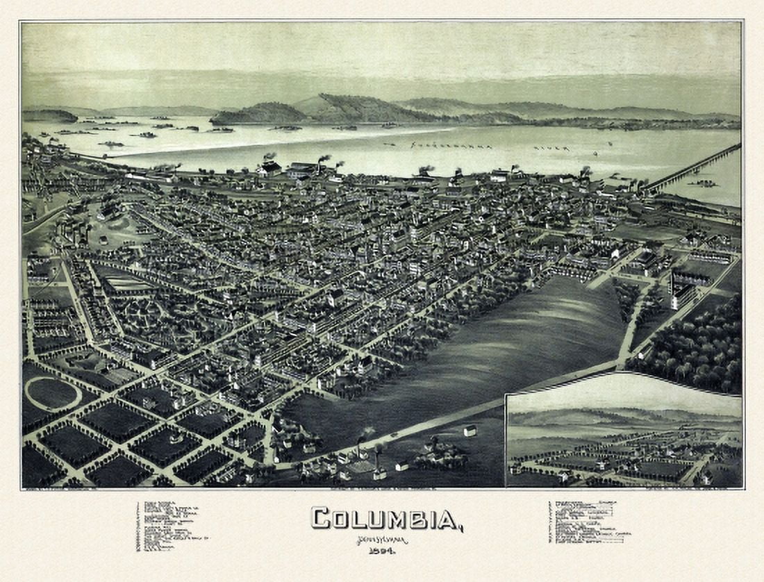 Vintage Map of Columbia Pennsylvania 1894 Lancaster County Canvas Art - (36 x 54)