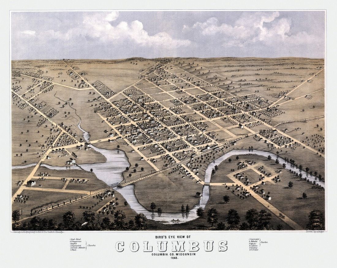 Vintage Map of Columbus Wisconsin 1868 Columbia County Canvas Art - (18 x 24)