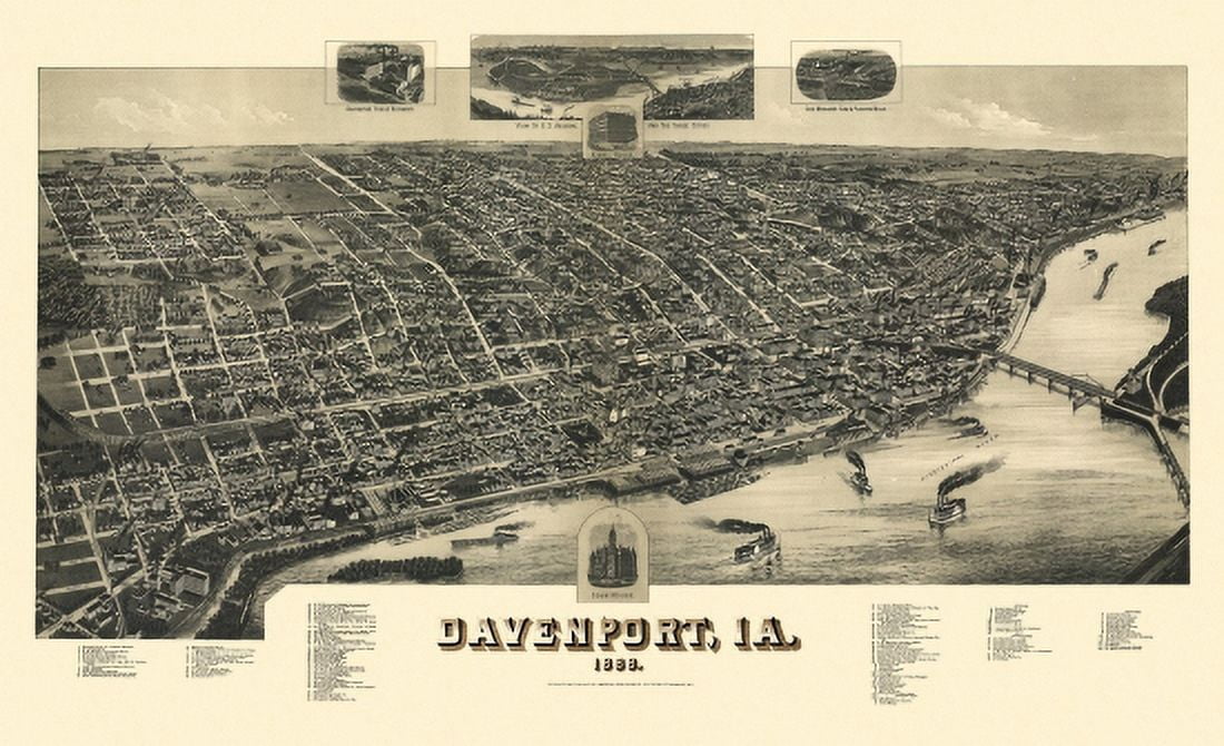 Vintage Map of Davenport Iowa 1888 Scott County Canvas Art - (24 x 36)