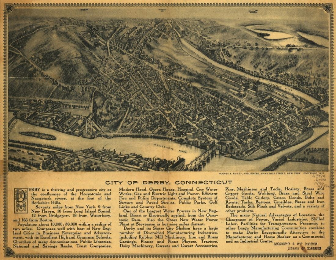 Vintage Map of Derby Connecticut 1920 New Haven County Canvas Art - (24 x 36)