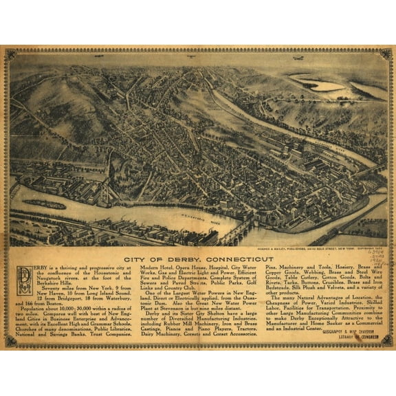 Vintage Map of Derby Connecticut 1920 New Haven County Canvas Art - (24 x 36)