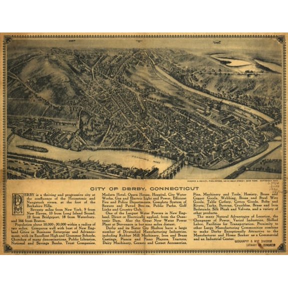 Vintage Map of Derby Connecticut 1920 New Haven County Canvas Art - (36 x 54)