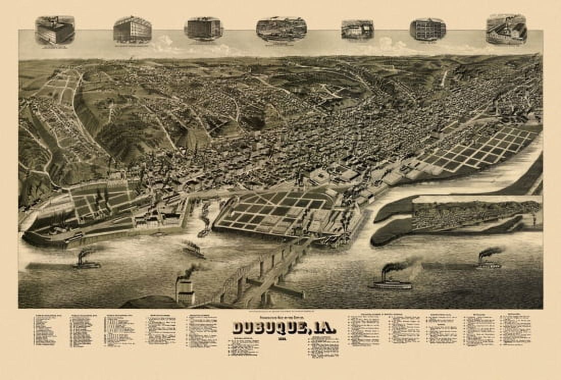 Vintage Map of Dubuque Iowa 1889 Dubuque County Canvas Art - (18 x 24)