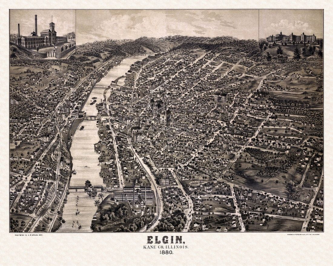Vintage Map of Elgin Illinois 1880 Kane County Canvas Art - (36 x 54)