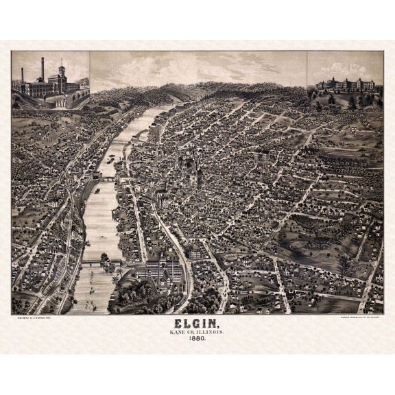 Vintage Map of Elgin Illinois 1880 Kane County Canvas Art - (36 x 54)