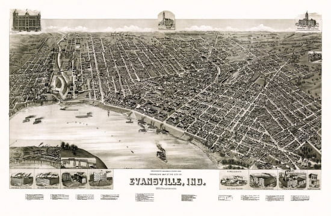 Vintage Map of Evansville Indiana 1888 Vanderburgh County Canvas Art - (36 x 54)