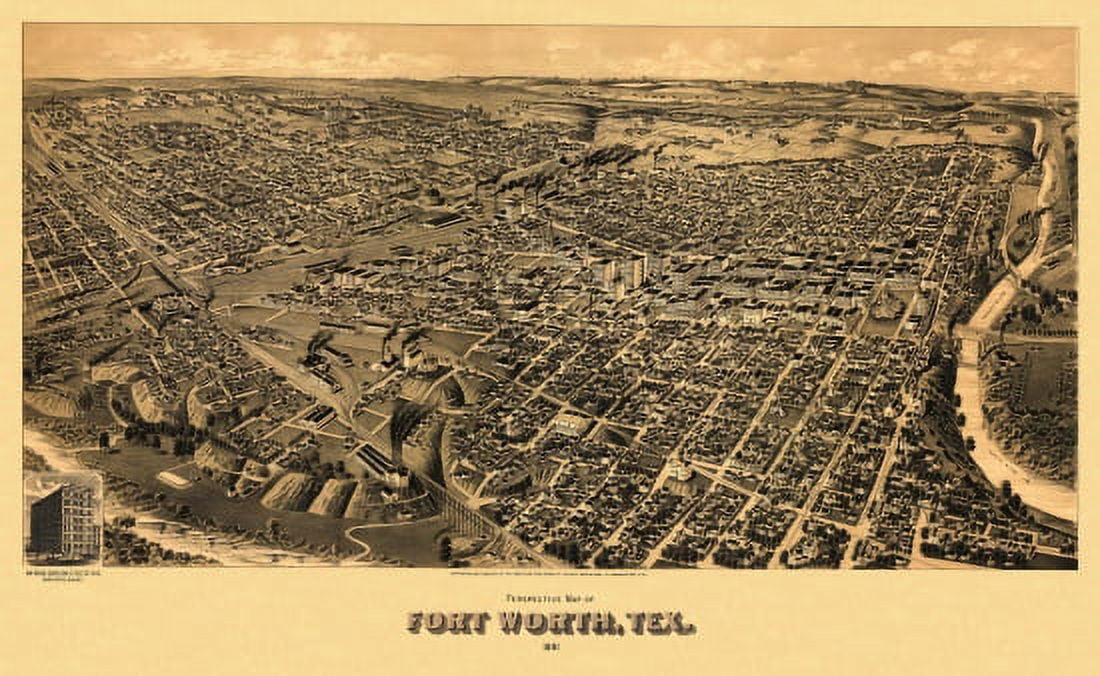Vintage Map of Fort Worth Texas 1891 Tarrant County Canvas Art - (24 x 36)