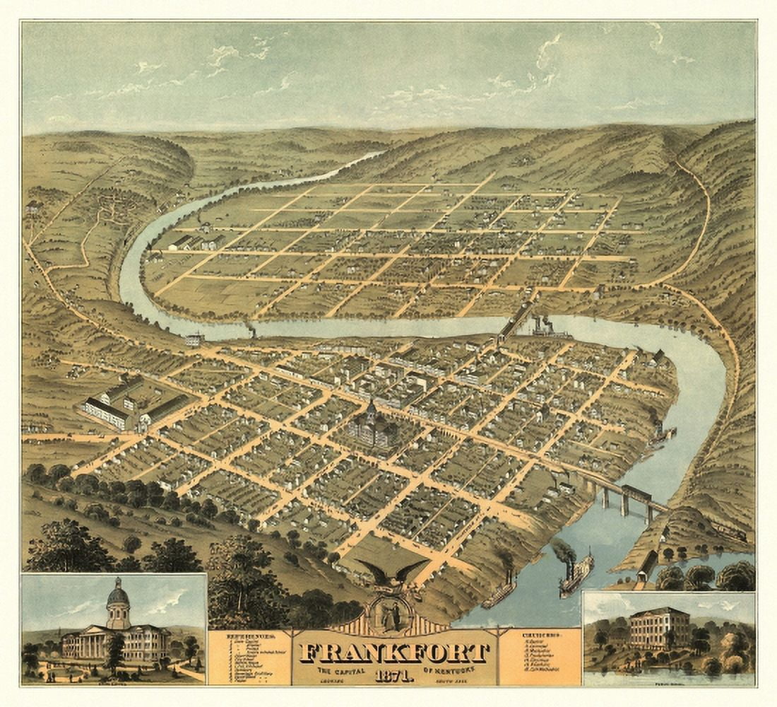 Vintage Map of Frankfort Kentucky 1871 Franklin County Canvas Art - (24 x 36)
