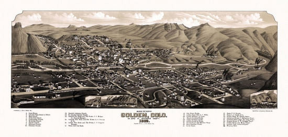 Vintage Map of Golden Colorado 1882 Jefferson County Canvas Art - (18 x 24)