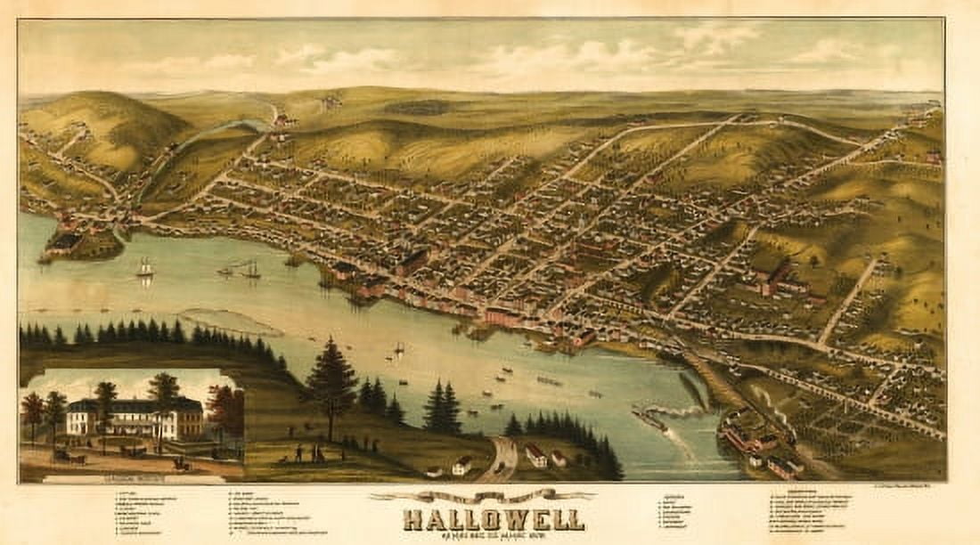 Vintage Map of Hallowell Maine 1878 Kennebec County Canvas Art - (36 x 54)