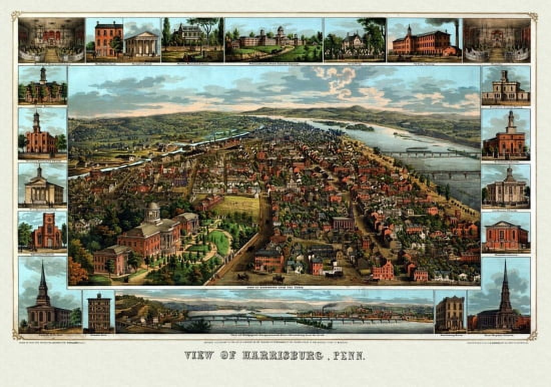 Vintage Map of Harrisburg Pennsylvania 1855 Dauphin County Canvas Art - (24 x 36)