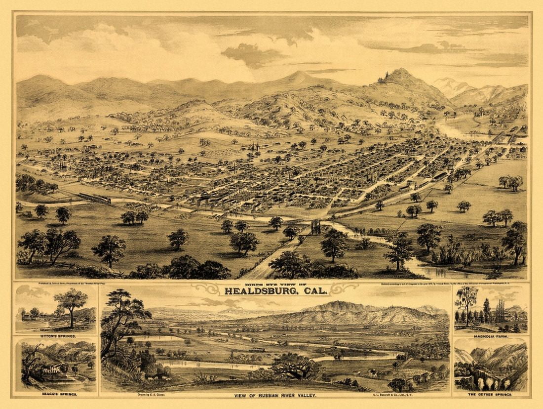 Vintage Map of Healdsburg California 1876 Sonoma County Canvas Art - (36 x 54)