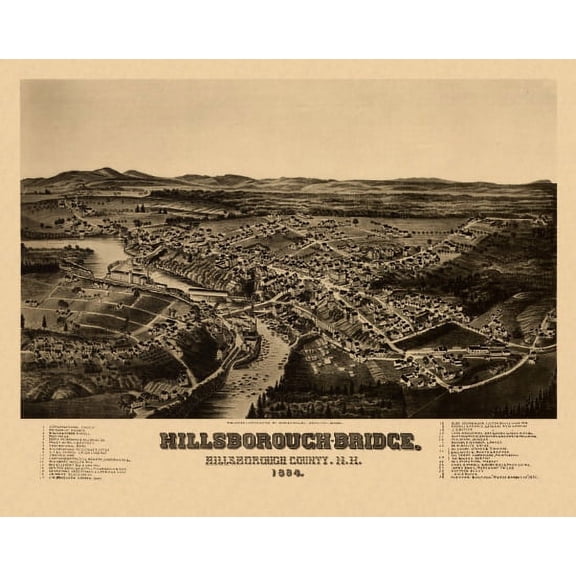 Vintage Map of Hillsborough Bridge New Hampshire 1884 Hillsborough County Canvas Art - (18 x 24)