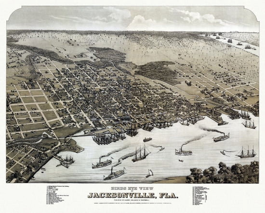 Vintage Map of Jacksonville Florida 1876 Duval County Canvas Art - (36 x 54)