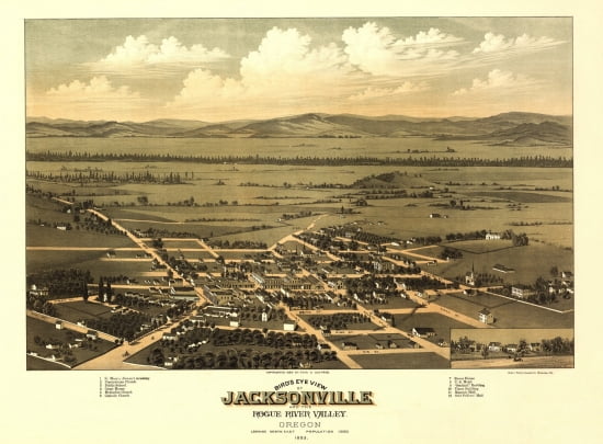 Vintage Map of Jacksonville Oregon 1883 Jackson County Canvas Art - (18 x 24)