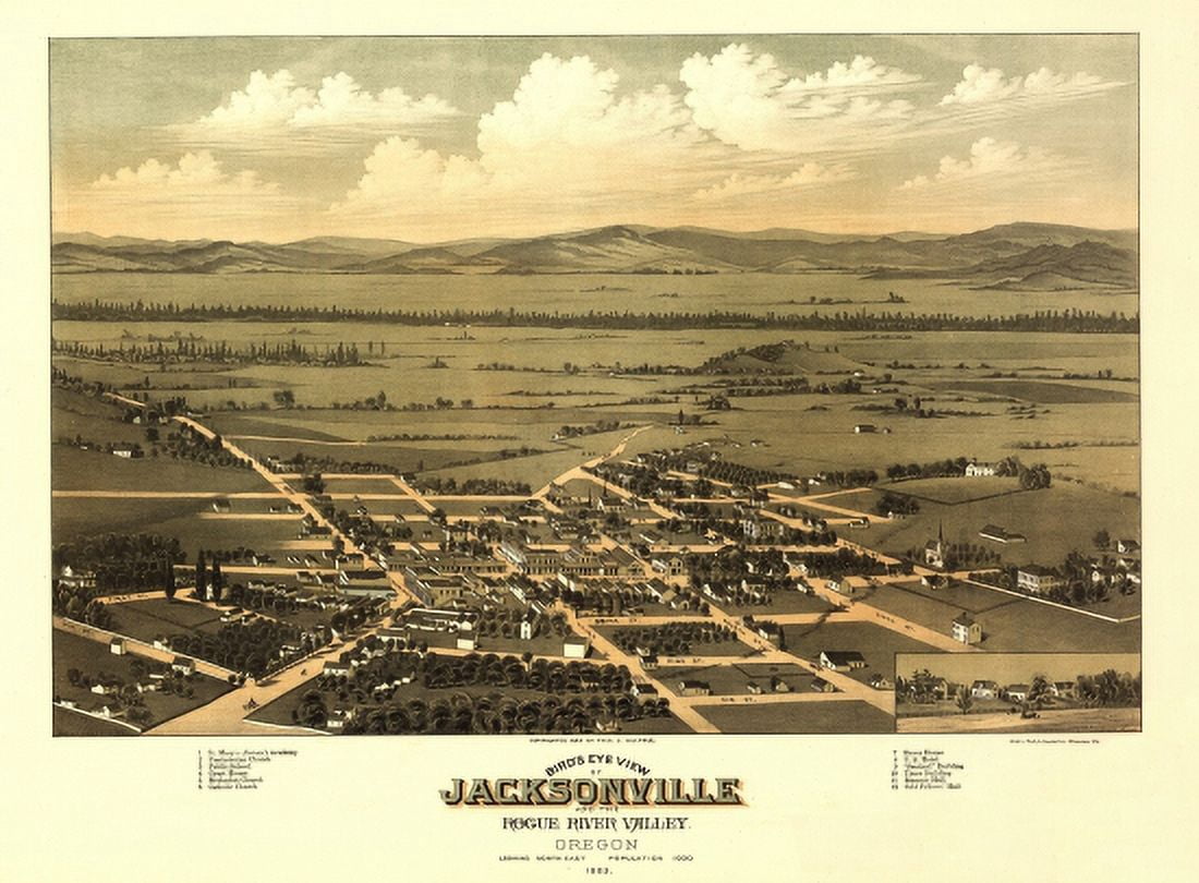 Vintage Map of Jacksonville Oregon 1883 Jackson County Canvas Art - (24 x 36)