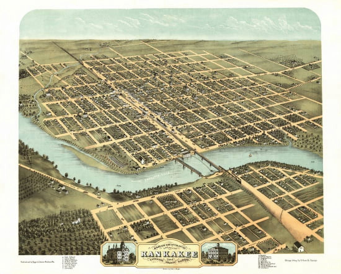 Vintage Map of Kankakee Illinois 1869 Kankakee County Canvas Art - (36 x 54)