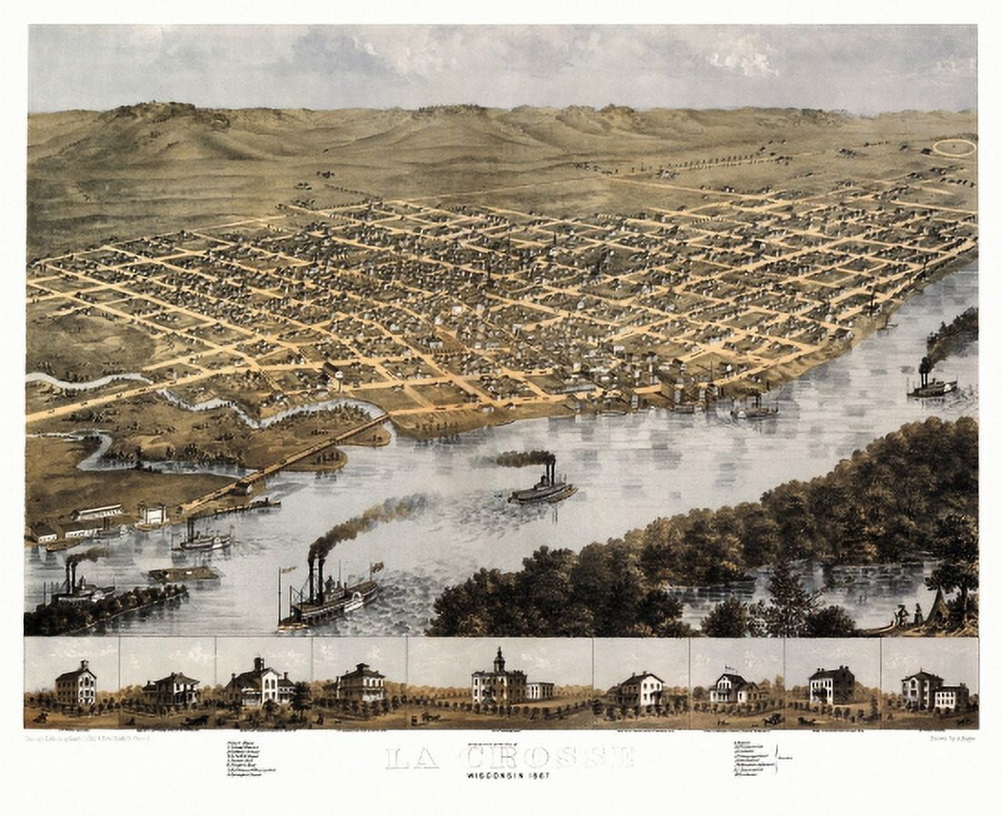 Vintage Map of La Crosse Wisconsin 1867 La Crosse County Canvas Art - (24 x 36)
