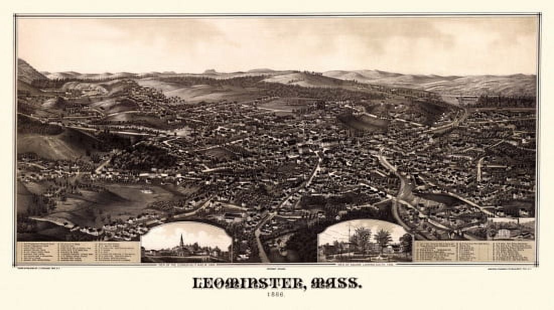 Vintage Map of Leominster Massachusetts 1886 Worcester County Canvas Art - (36 x 54)