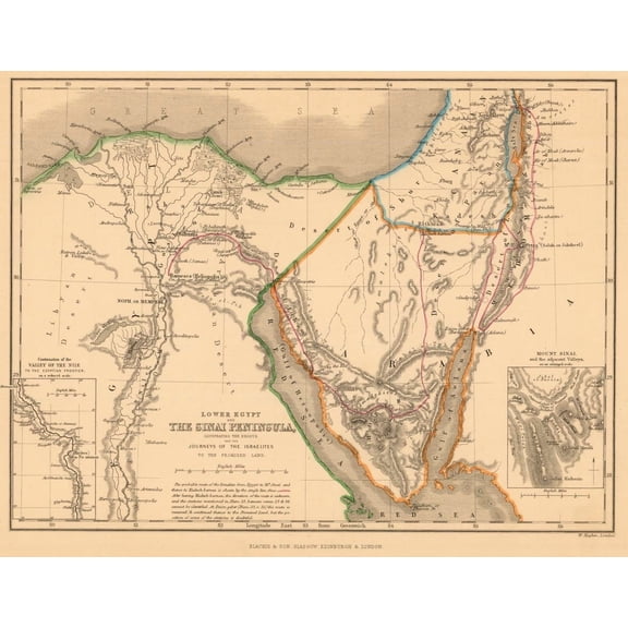 Vintage Map of Lower Egypt and the Sinai Peninsula – Biblical Exodus Route Antique Print 【Laminated】